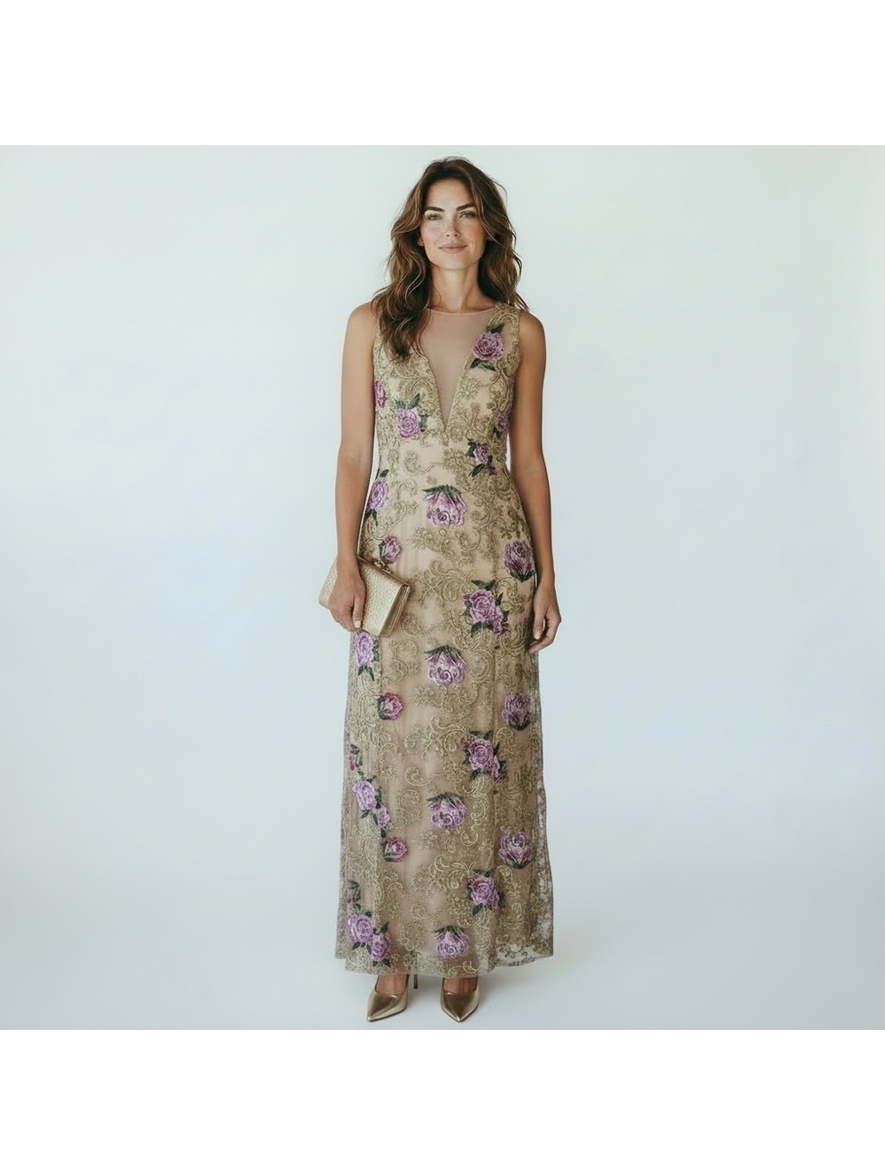 Nikibiki Midnight Embroidered Floral Mesh Maxi Dress Gold Pink